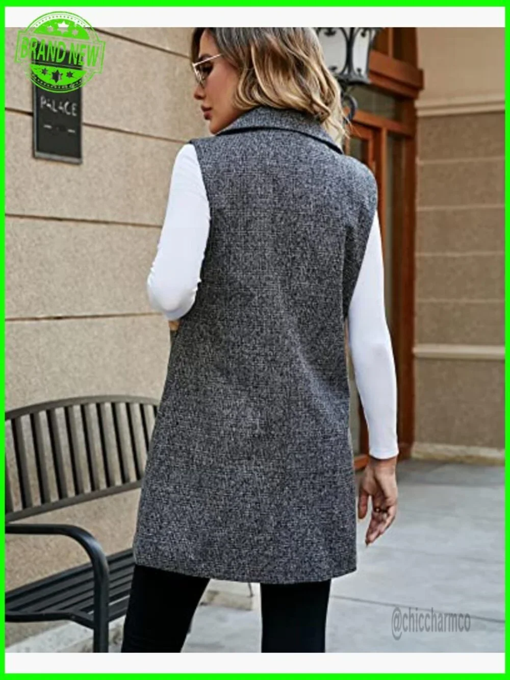 Sleeveless Tweed Blazer Jacket Longline Vest Outerwear Women